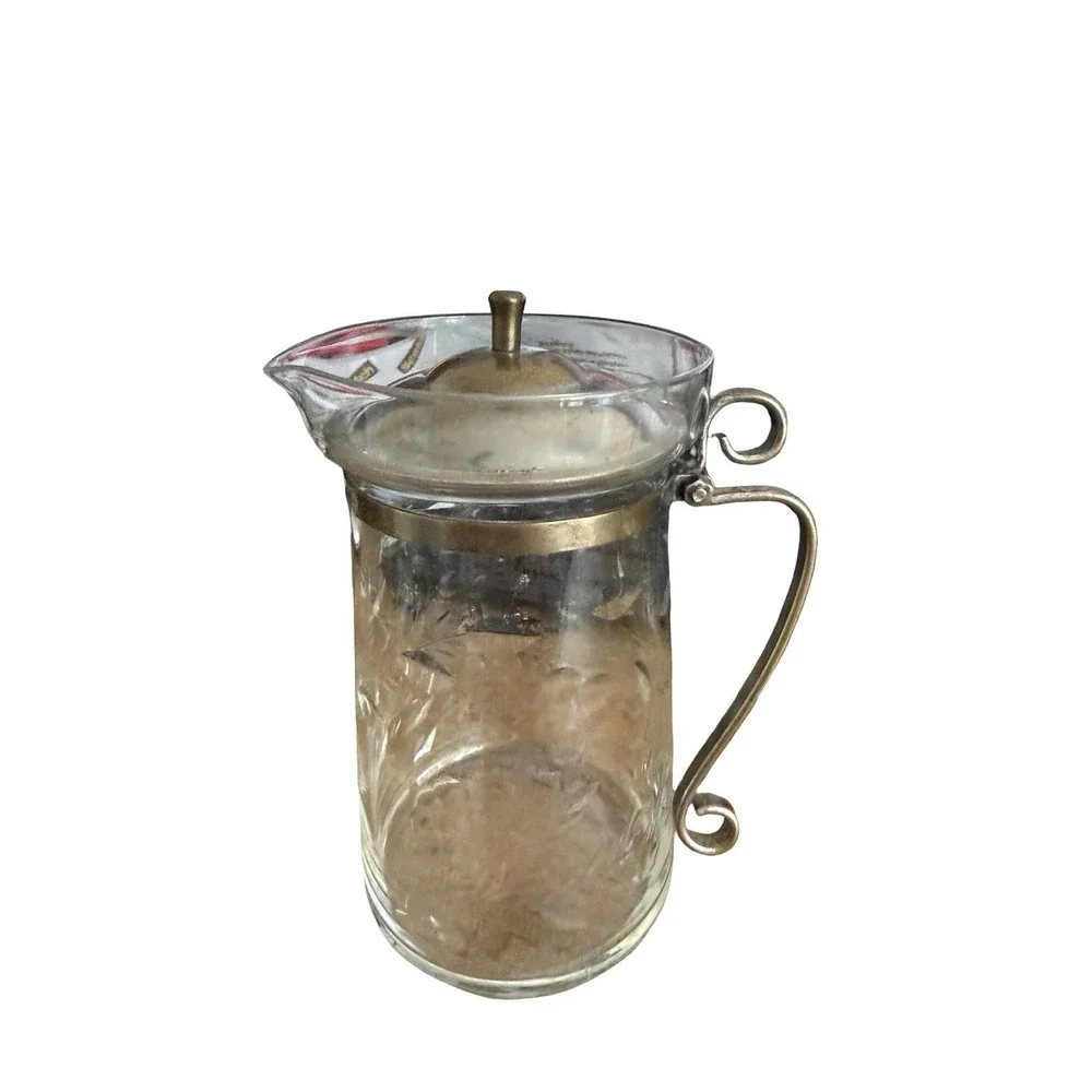 Vintage Crystal Etched Syrup Pitcher Silver Hand Made Handle